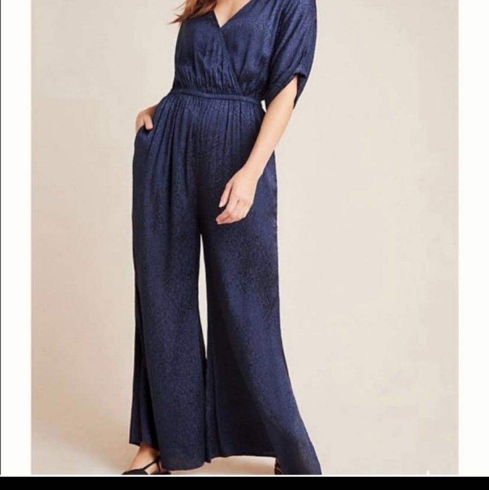 Maeve by Anthropologie Navy Blue jacquard Jumpsuit